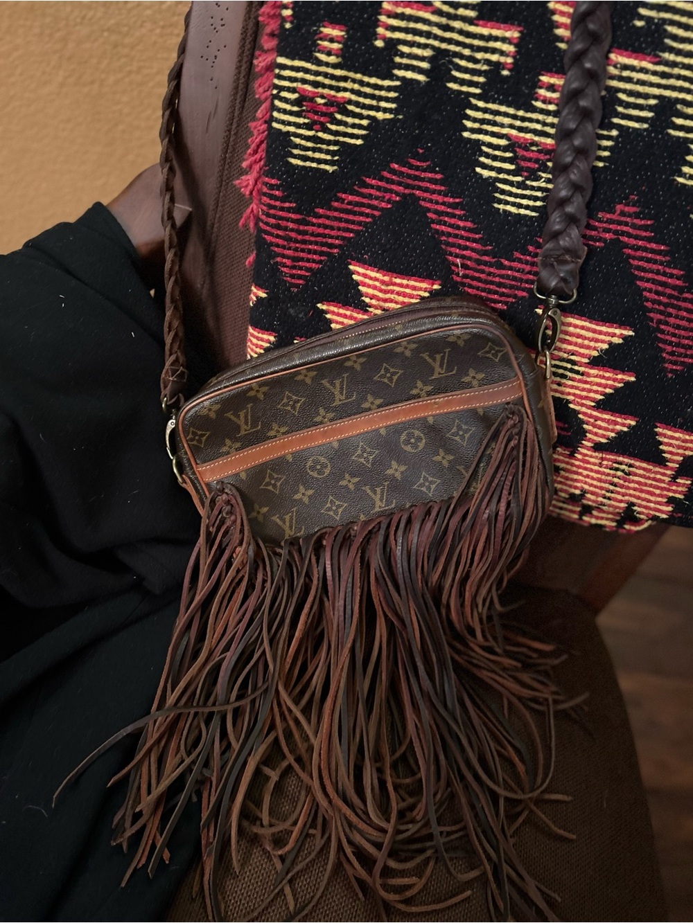 LV Monogram Fringe Crossbody in Brown and Tan Vintage Boho company handmade